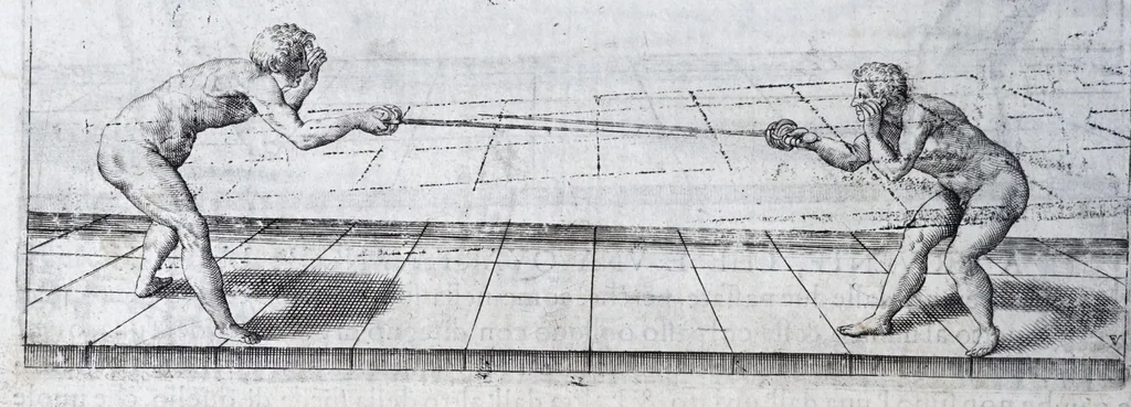 An illustration from Della vera pratica & scienza d'armi libri due : nel primo de quali si tratta li fondamenti della spada sola, le raggioni di spada e pugnale, & di spada e cappa : nel secondo, si dà regole per ferire il nemico subito posto mano alla spada, altre di cosi subita rissolutione con spada e pugnale, & altre ancora per ferire senza fermarsi con spada e pugnale : il tutto in questa seconda editione non solo descritto ma rappresentato alla vista da cento e nouantacinque figure di rame diligentissimamente intagliate, 1624, leaf 56