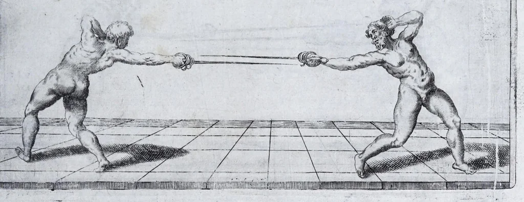 An illustration from Della vera pratica & scienza d'armi libri due : nel primo de quali si tratta li fondamenti della spada sola, le raggioni di spada e pugnale, & di spada e cappa : nel secondo, si dà regole per ferire il nemico subito posto mano alla spada, altre di cosi subita rissolutione con spada e pugnale, & altre ancora per ferire senza fermarsi con spada e pugnale : il tutto in questa seconda editione non solo descritto ma rappresentato alla vista da cento e nouantacinque figure di rame diligentissimamente intagliate, 1624, leaf 59