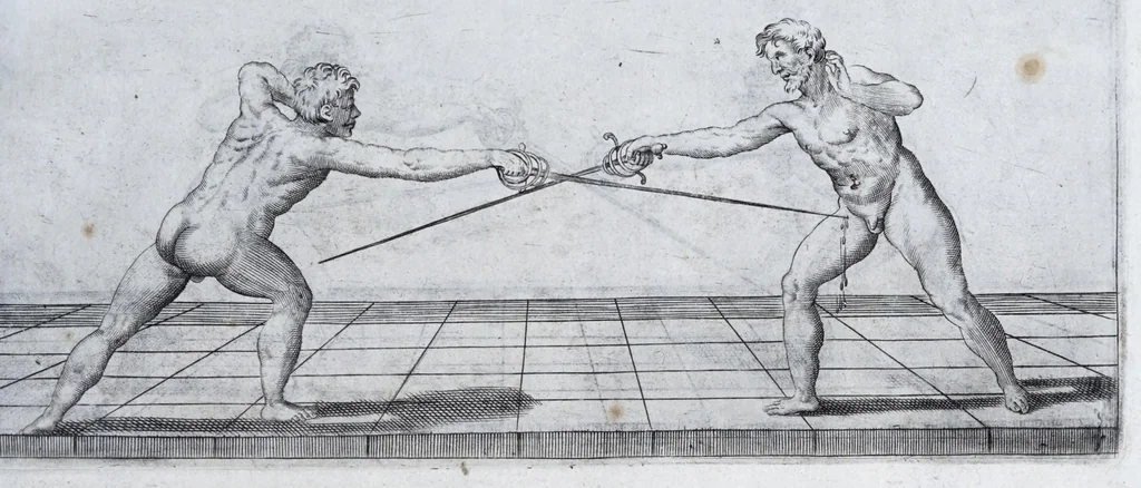 An illustration from Della vera pratica & scienza d'armi libri due : nel primo de quali si tratta li fondamenti della spada sola, le raggioni di spada e pugnale, & di spada e cappa : nel secondo, si dà regole per ferire il nemico subito posto mano alla spada, altre di cosi subita rissolutione con spada e pugnale, & altre ancora per ferire senza fermarsi con spada e pugnale : il tutto in questa seconda editione non solo descritto ma rappresentato alla vista da cento e nouantacinque figure di rame diligentissimamente intagliate, 1624, leaf 65