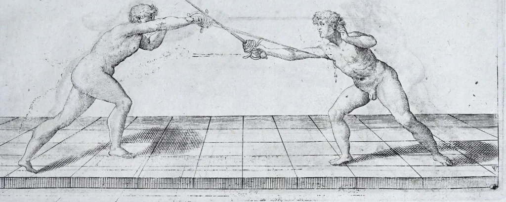 An illustration from Della vera pratica & scienza d'armi libri due : nel primo de quali si tratta li fondamenti della spada sola, le raggioni di spada e pugnale, & di spada e cappa : nel secondo, si dà regole per ferire il nemico subito posto mano alla spada, altre di cosi subita rissolutione con spada e pugnale, & altre ancora per ferire senza fermarsi con spada e pugnale : il tutto in questa seconda editione non solo descritto ma rappresentato alla vista da cento e nouantacinque figure di rame diligentissimamente intagliate, 1624, leaf 67