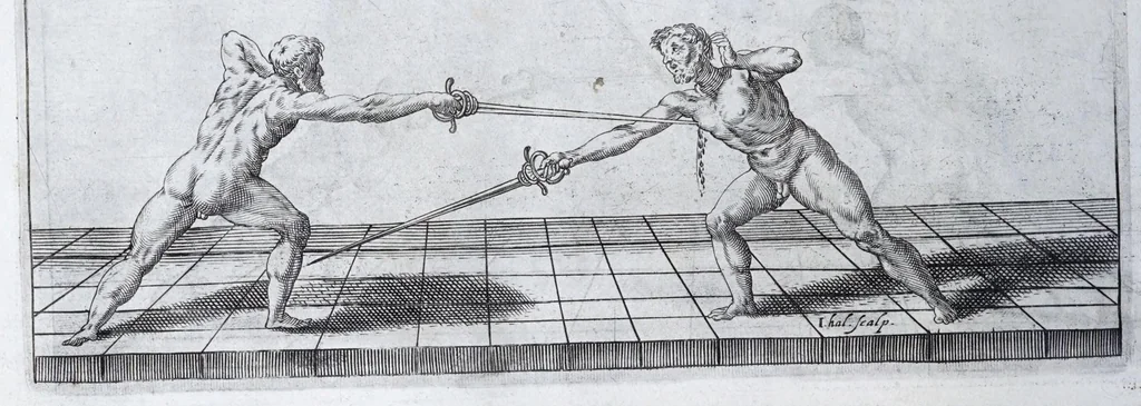 An illustration from Della vera pratica & scienza d'armi libri due : nel primo de quali si tratta li fondamenti della spada sola, le raggioni di spada e pugnale, & di spada e cappa : nel secondo, si dà regole per ferire il nemico subito posto mano alla spada, altre di cosi subita rissolutione con spada e pugnale, & altre ancora per ferire senza fermarsi con spada e pugnale : il tutto in questa seconda editione non solo descritto ma rappresentato alla vista da cento e nouantacinque figure di rame diligentissimamente intagliate, 1624, leaf 70