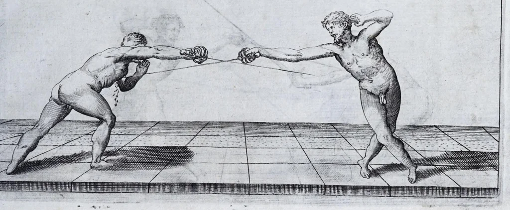 An illustration from Della vera pratica & scienza d'armi libri due : nel primo de quali si tratta li fondamenti della spada sola, le raggioni di spada e pugnale, & di spada e cappa : nel secondo, si dà regole per ferire il nemico subito posto mano alla spada, altre di cosi subita rissolutione con spada e pugnale, & altre ancora per ferire senza fermarsi con spada e pugnale : il tutto in questa seconda editione non solo descritto ma rappresentato alla vista da cento e nouantacinque figure di rame diligentissimamente intagliate, 1624, leaf 73