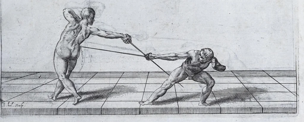An illustration from Della vera pratica & scienza d'armi libri due : nel primo de quali si tratta li fondamenti della spada sola, le raggioni di spada e pugnale, & di spada e cappa : nel secondo, si dà regole per ferire il nemico subito posto mano alla spada, altre di cosi subita rissolutione con spada e pugnale, & altre ancora per ferire senza fermarsi con spada e pugnale : il tutto in questa seconda editione non solo descritto ma rappresentato alla vista da cento e nouantacinque figure di rame diligentissimamente intagliate, 1624, leaf 75