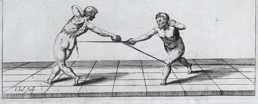 An illustration from Della vera pratica & scienza d'armi libri due : nel primo de quali si tratta li fondamenti della spada sola, le raggioni di spada e pugnale, & di spada e cappa : nel secondo, si dà regole per ferire il nemico subito posto mano alla spada, altre di cosi subita rissolutione con spada e pugnale, & altre ancora per ferire senza fermarsi con spada e pugnale : il tutto in questa seconda editione non solo descritto ma rappresentato alla vista da cento e nouantacinque figure di rame diligentissimamente intagliate, 1624, leaf 81