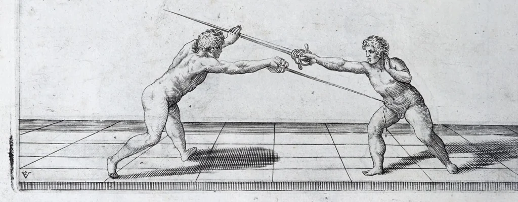 An illustration from Della vera pratica & scienza d'armi libri due : nel primo de quali si tratta li fondamenti della spada sola, le raggioni di spada e pugnale, & di spada e cappa : nel secondo, si dà regole per ferire il nemico subito posto mano alla spada, altre di cosi subita rissolutione con spada e pugnale, & altre ancora per ferire senza fermarsi con spada e pugnale : il tutto in questa seconda editione non solo descritto ma rappresentato alla vista da cento e nouantacinque figure di rame diligentissimamente intagliate, 1624, leaf 84