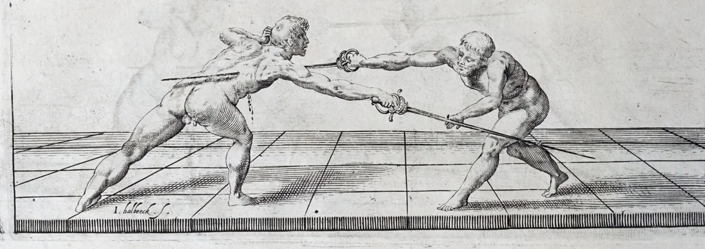 An illustration from Della vera pratica & scienza d'armi libri due : nel primo de quali si tratta li fondamenti della spada sola, le raggioni di spada e pugnale, & di spada e cappa : nel secondo, si dà regole per ferire il nemico subito posto mano alla spada, altre di cosi subita rissolutione con spada e pugnale, & altre ancora per ferire senza fermarsi con spada e pugnale : il tutto in questa seconda editione non solo descritto ma rappresentato alla vista da cento e nouantacinque figure di rame diligentissimamente intagliate, 1624, leaf 86