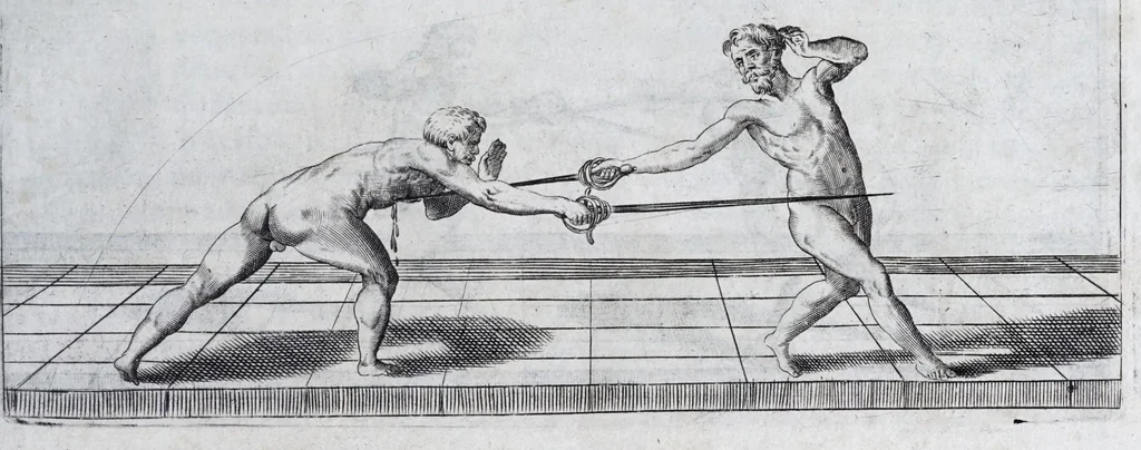 An illustration from Della vera pratica & scienza d'armi libri due : nel primo de quali si tratta li fondamenti della spada sola, le raggioni di spada e pugnale, & di spada e cappa : nel secondo, si dà regole per ferire il nemico subito posto mano alla spada, altre di cosi subita rissolutione con spada e pugnale, & altre ancora per ferire senza fermarsi con spada e pugnale : il tutto in questa seconda editione non solo descritto ma rappresentato alla vista da cento e nouantacinque figure di rame diligentissimamente intagliate, 1624, leaf 89
