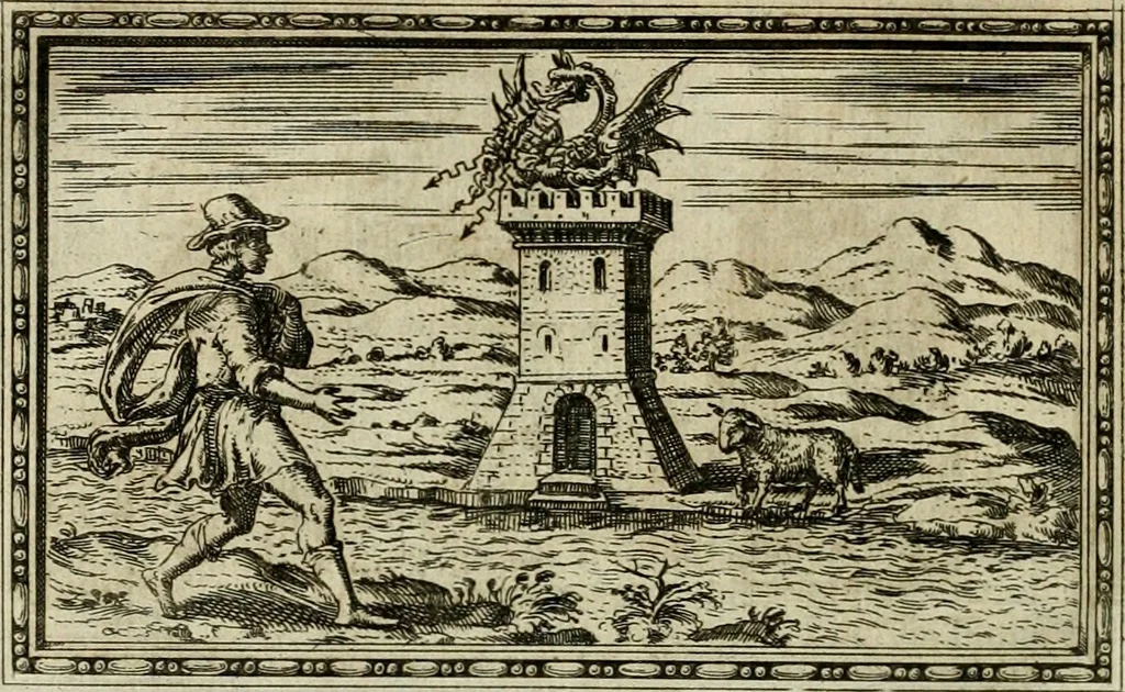 An illustration from Delle allvsioni, imprese, et emblemi del Sig. Principio Fabricii da Teramo sopra la vita, opere, et attioni di Gregorio XIII pontefice massimo, libri VI : nei quali sotto l'allegoria del drago, arme del detto pontefice, si descriue anco la uera forma d'un principe Christiano .., 1588, leaf 103