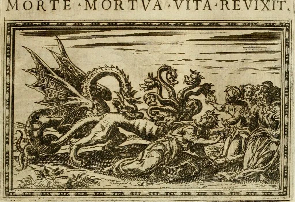 An illustration from Delle allvsioni, imprese, et emblemi del Sig. Principio Fabricii da Teramo sopra la vita, opere, et attioni di Gregorio XIII pontefice massimo, libri VI : nei quali sotto l'allegoria del drago, arme del detto pontefice, si descriue anco la uera forma d'un principe Christiano .., 1588, leaf 104