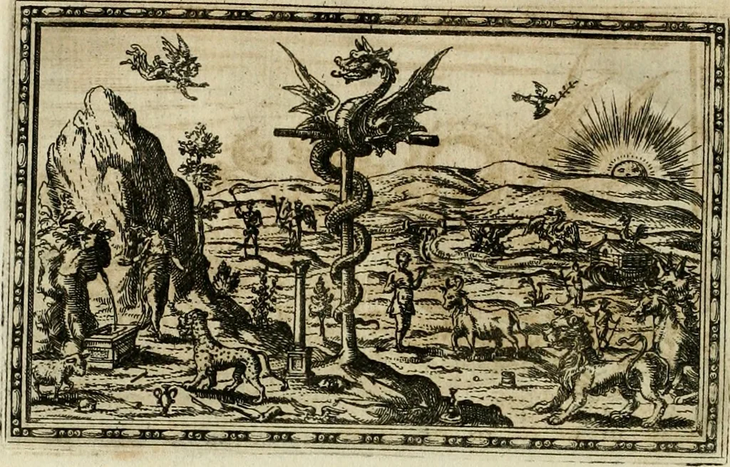 An illustration from Delle allvsioni, imprese, et emblemi del Sig. Principio Fabricii da Teramo sopra la vita, opere, et attioni di Gregorio XIII pontefice massimo, libri VI : nei quali sotto l'allegoria del drago, arme del detto pontefice, si descriue anco la uera forma d'un principe Christiano .., 1588, leaf 105