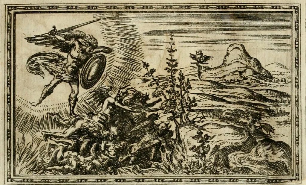 An illustration from Delle allvsioni, imprese, et emblemi del Sig. Principio Fabricii da Teramo sopra la vita, opere, et attioni di Gregorio XIII pontefice massimo, libri VI : nei quali sotto l'allegoria del drago, arme del detto pontefice, si descriue anco la uera forma d'un principe Christiano .., 1588, leaf 106