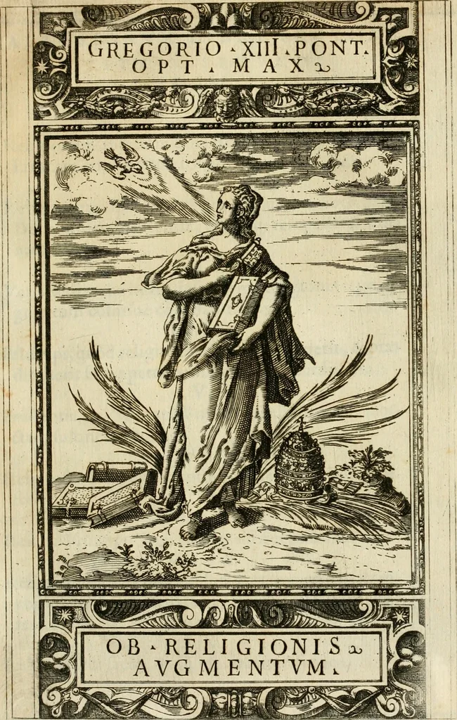 An illustration from Delle allvsioni, imprese, et emblemi del Sig. Principio Fabricii da Teramo sopra la vita, opere, et attioni di Gregorio XIII pontefice massimo, libri VI : nei quali sotto l'allegoria del drago, arme del detto pontefice, si descriue anco la uera forma d'un principe Christiano .., 1588, leaf 110