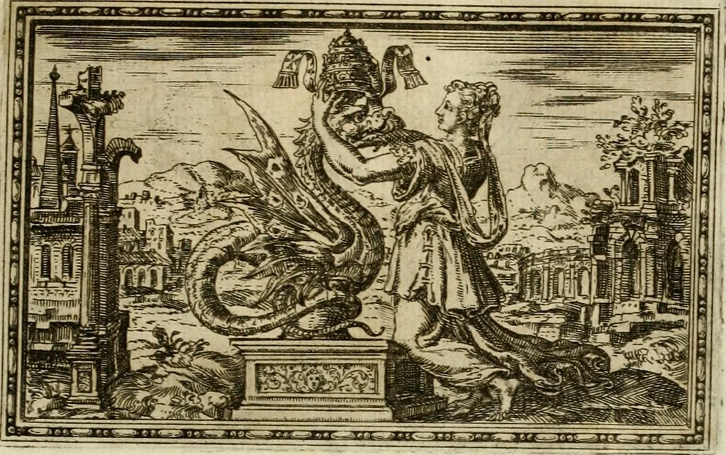 An illustration from Delle allvsioni, imprese, et emblemi del Sig. Principio Fabricii da Teramo sopra la vita, opere, et attioni di Gregorio XIII pontefice massimo, libri VI : nei quali sotto l'allegoria del drago, arme del detto pontefice, si descriue anco la uera forma d'un principe Christiano .., 1588, leaf 116