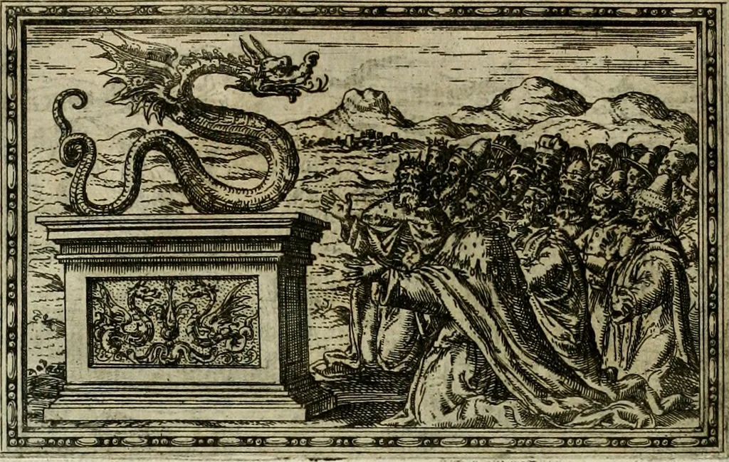 An illustration from Delle allvsioni, imprese, et emblemi del Sig. Principio Fabricii da Teramo sopra la vita, opere, et attioni di Gregorio XIII pontefice massimo, libri VI : nei quali sotto l'allegoria del drago, arme del detto pontefice, si descriue anco la uera forma d'un principe Christiano .., 1588, leaf 121