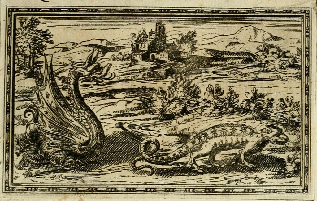 An illustration from Delle allvsioni, imprese, et emblemi del Sig. Principio Fabricii da Teramo sopra la vita, opere, et attioni di Gregorio XIII pontefice massimo, libri VI : nei quali sotto l'allegoria del drago, arme del detto pontefice, si descriue anco la uera forma d'un principe Christiano .., 1588, leaf 124