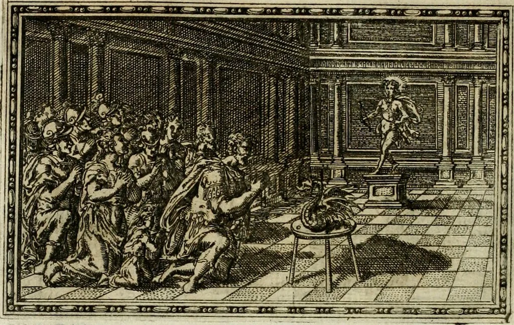 An illustration from Delle allvsioni, imprese, et emblemi del Sig. Principio Fabricii da Teramo sopra la vita, opere, et attioni di Gregorio XIII pontefice massimo, libri VI : nei quali sotto l'allegoria del drago, arme del detto pontefice, si descriue anco la uera forma d'un principe Christiano .., 1588, leaf 131