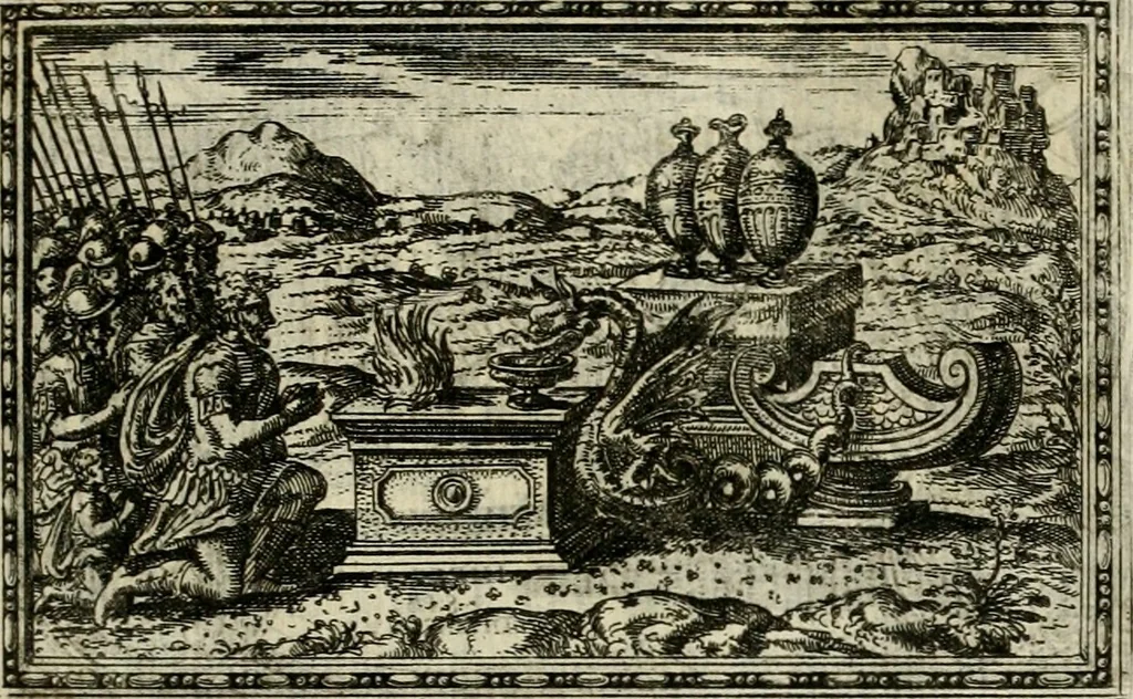 An illustration from Delle allvsioni, imprese, et emblemi del Sig. Principio Fabricii da Teramo sopra la vita, opere, et attioni di Gregorio XIII pontefice massimo, libri VI : nei quali sotto l'allegoria del drago, arme del detto pontefice, si descriue anco la uera forma d'un principe Christiano .., 1588, leaf 132