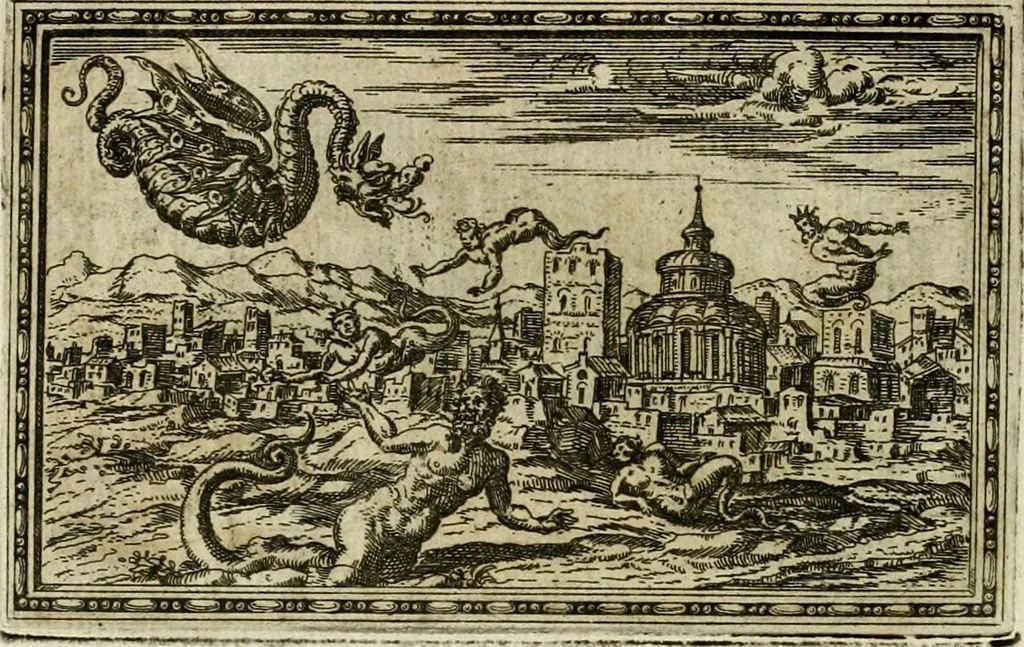 An illustration from Delle allvsioni, imprese, et emblemi del Sig. Principio Fabricii da Teramo sopra la vita, opere, et attioni di Gregorio XIII pontefice massimo, libri VI : nei quali sotto l'allegoria del drago, arme del detto pontefice, si descriue anco la uera forma d'un principe Christiano .., 1588, leaf 143