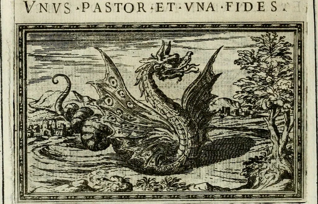 An illustration from Delle allvsioni, imprese, et emblemi del Sig. Principio Fabricii da Teramo sopra la vita, opere, et attioni di Gregorio XIII pontefice massimo, libri VI : nei quali sotto l'allegoria del drago, arme del detto pontefice, si descriue anco la uera forma d'un principe Christiano .., 1588, leaf 145