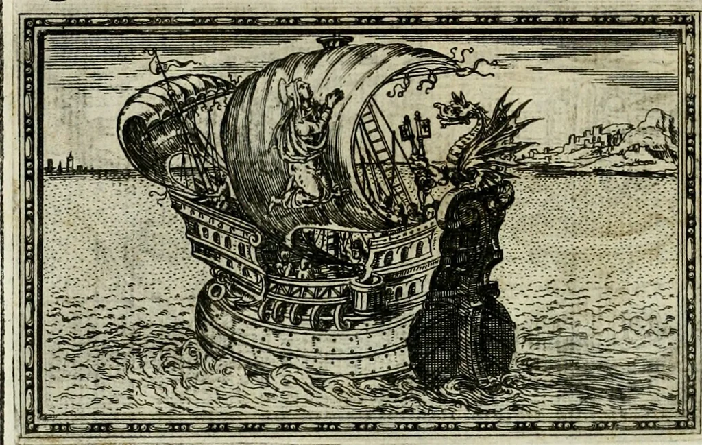 An illustration from Delle allvsioni, imprese, et emblemi del Sig. Principio Fabricii da Teramo sopra la vita, opere, et attioni di Gregorio XIII pontefice massimo, libri VI : nei quali sotto l'allegoria del drago, arme del detto pontefice, si descriue anco la uera forma d'un principe Christiano .., 1588, leaf 147