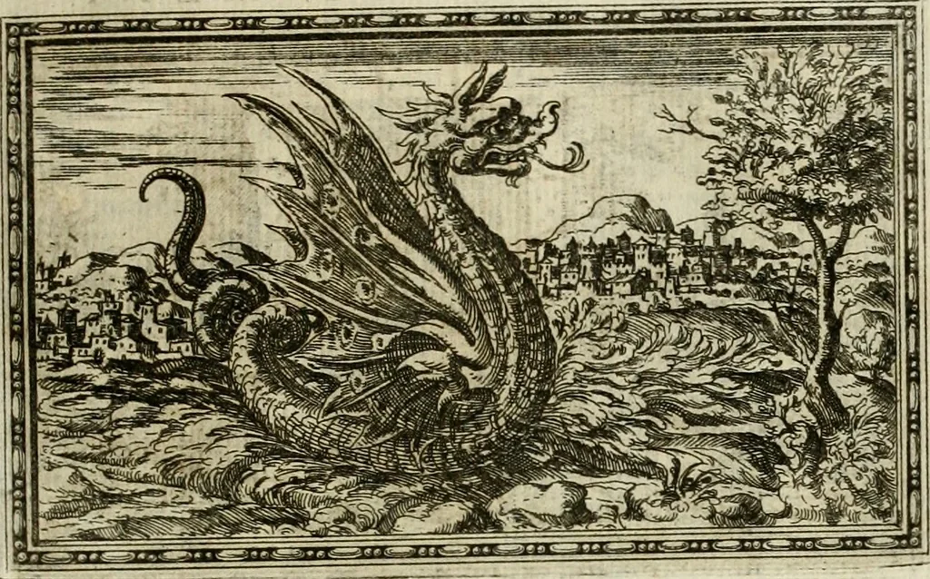 An illustration from Delle allvsioni, imprese, et emblemi del Sig. Principio Fabricii da Teramo sopra la vita, opere, et attioni di Gregorio XIII pontefice massimo, libri VI : nei quali sotto l'allegoria del drago, arme del detto pontefice, si descriue anco la uera forma d'un principe Christiano .., 1588, leaf 150