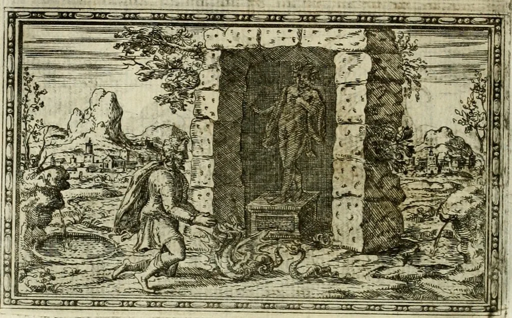 An illustration from Delle allvsioni, imprese, et emblemi del Sig. Principio Fabricii da Teramo sopra la vita, opere, et attioni di Gregorio XIII pontefice massimo, libri VI : nei quali sotto l'allegoria del drago, arme del detto pontefice, si descriue anco la uera forma d'un principe Christiano .., 1588, leaf 151