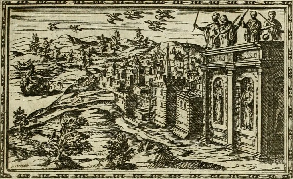 An illustration from Delle allvsioni, imprese, et emblemi del Sig. Principio Fabricii da Teramo sopra la vita, opere, et attioni di Gregorio XIII pontefice massimo, libri VI : nei quali sotto l'allegoria del drago, arme del detto pontefice, si descriue anco la uera forma d'un principe Christiano .., 1588, leaf 158