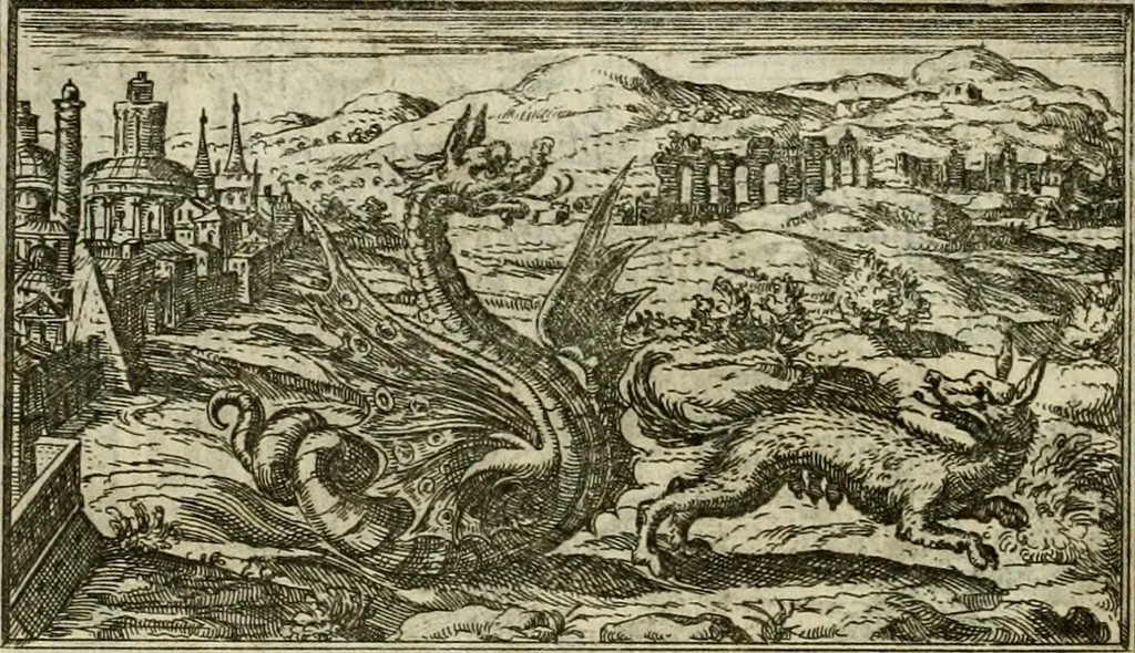 An illustration from Delle allvsioni, imprese, et emblemi del Sig. Principio Fabricii da Teramo sopra la vita, opere, et attioni di Gregorio XIII pontefice massimo, libri VI : nei quali sotto l'allegoria del drago, arme del detto pontefice, si descriue anco la uera forma d'un principe Christiano .., 1588, leaf 159