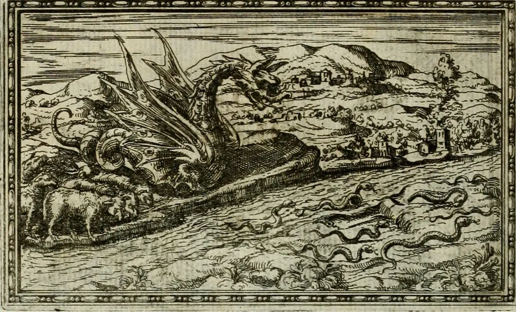 An illustration from Delle allvsioni, imprese, et emblemi del Sig. Principio Fabricii da Teramo sopra la vita, opere, et attioni di Gregorio XIII pontefice massimo, libri VI : nei quali sotto l'allegoria del drago, arme del detto pontefice, si descriue anco la uera forma d'un principe Christiano .., 1588, leaf 163