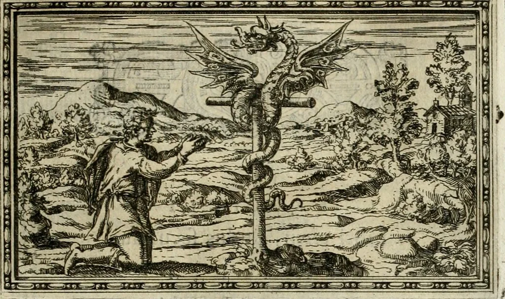 An illustration from Delle allvsioni, imprese, et emblemi del Sig. Principio Fabricii da Teramo sopra la vita, opere, et attioni di Gregorio XIII pontefice massimo, libri VI : nei quali sotto l'allegoria del drago, arme del detto pontefice, si descriue anco la uera forma d'un principe Christiano .., 1588, leaf 170