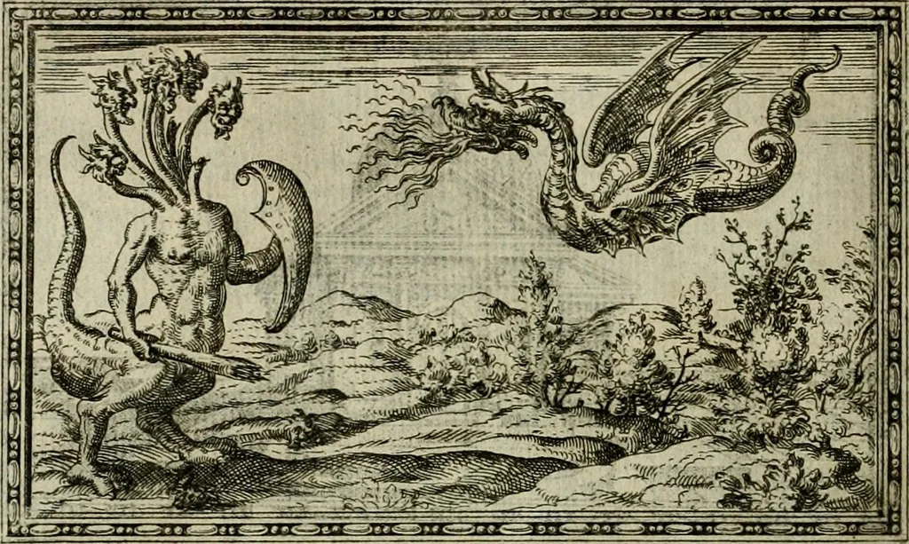 An illustration from Delle allvsioni, imprese, et emblemi del Sig. Principio Fabricii da Teramo sopra la vita, opere, et attioni di Gregorio XIII pontefice massimo, libri VI : nei quali sotto l'allegoria del drago, arme del detto pontefice, si descriue anco la uera forma d'un principe Christiano .., 1588, leaf 179