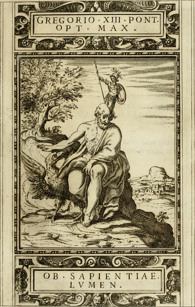 An illustration from Delle allvsioni, imprese, et emblemi del Sig. Principio Fabricii da Teramo sopra la vita, opere, et attioni di Gregorio XIII pontefice massimo, libri VI : nei quali sotto l'allegoria del drago, arme del detto pontefice, si descriue anco la uera forma d'un principe Christiano .., 1588, leaf 188