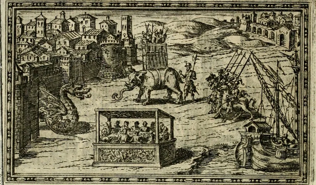 An illustration from Delle allvsioni, imprese, et emblemi del Sig. Principio Fabricii da Teramo sopra la vita, opere, et attioni di Gregorio XIII pontefice massimo, libri VI : nei quali sotto l'allegoria del drago, arme del detto pontefice, si descriue anco la uera forma d'un principe Christiano .., 1588, leaf 193