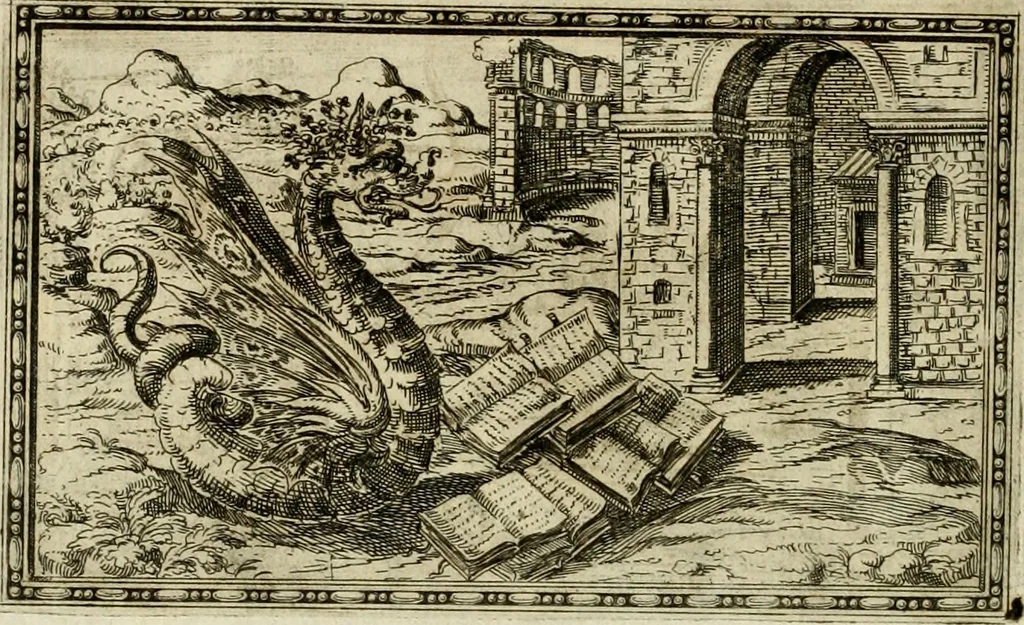 An illustration from Delle allvsioni, imprese, et emblemi del Sig. Principio Fabricii da Teramo sopra la vita, opere, et attioni di Gregorio XIII pontefice massimo, libri VI : nei quali sotto l'allegoria del drago, arme del detto pontefice, si descriue anco la uera forma d'un principe Christiano .., 1588, leaf 197