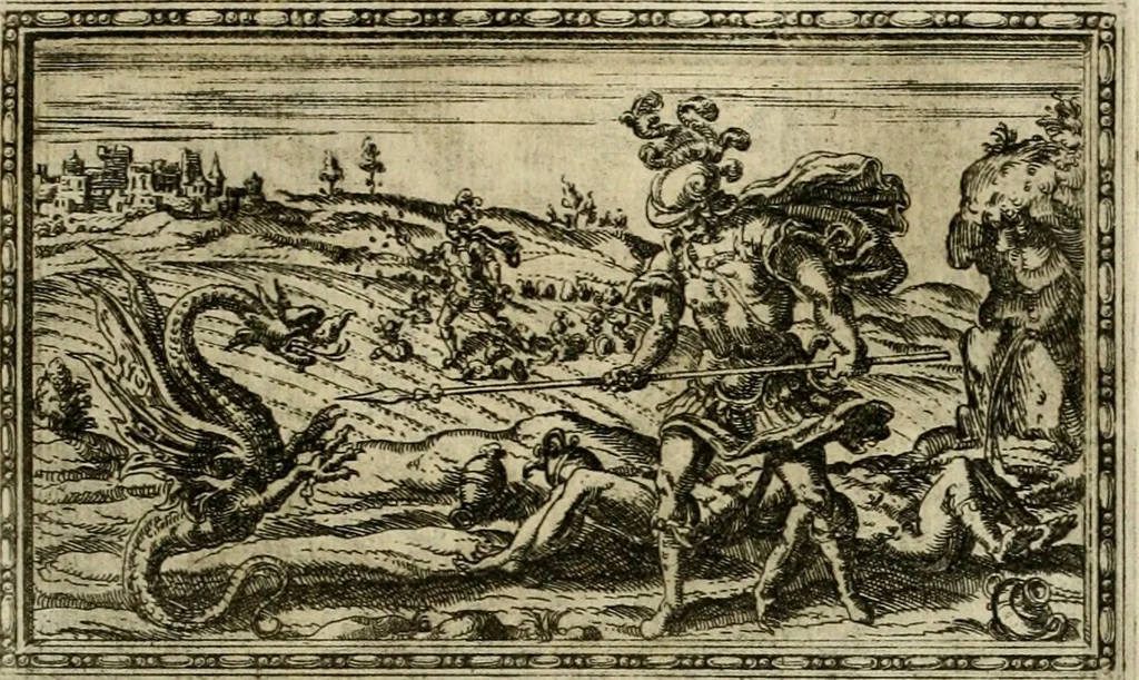 An illustration from Delle allvsioni, imprese, et emblemi del Sig. Principio Fabricii da Teramo sopra la vita, opere, et attioni di Gregorio XIII pontefice massimo, libri VI : nei quali sotto l'allegoria del drago, arme del detto pontefice, si descriue anco la uera forma d'un principe Christiano .., 1588, leaf 200