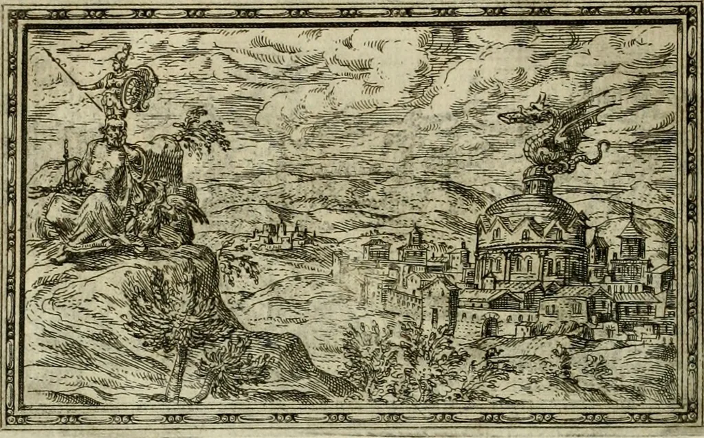 An illustration from Delle allvsioni, imprese, et emblemi del Sig. Principio Fabricii da Teramo sopra la vita, opere, et attioni di Gregorio XIII pontefice massimo, libri VI : nei quali sotto l'allegoria del drago, arme del detto pontefice, si descriue anco la uera forma d'un principe Christiano .., 1588, leaf 201