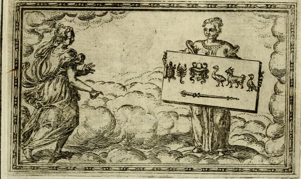 An illustration from Delle allvsioni, imprese, et emblemi del Sig. Principio Fabricii da Teramo sopra la vita, opere, et attioni di Gregorio XIII pontefice massimo, libri VI : nei quali sotto l'allegoria del drago, arme del detto pontefice, si descriue anco la uera forma d'un principe Christiano .., 1588, leaf 202