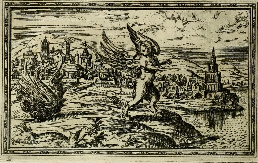 An illustration from Delle allvsioni, imprese, et emblemi del Sig. Principio Fabricii da Teramo sopra la vita, opere, et attioni di Gregorio XIII pontefice massimo, libri VI : nei quali sotto l'allegoria del drago, arme del detto pontefice, si descriue anco la uera forma d'un principe Christiano .., 1588, leaf 203