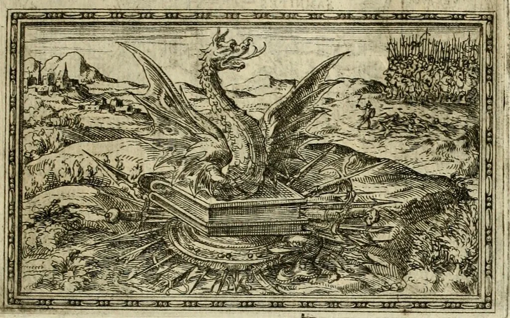 An illustration from Delle allvsioni, imprese, et emblemi del Sig. Principio Fabricii da Teramo sopra la vita, opere, et attioni di Gregorio XIII pontefice massimo, libri VI : nei quali sotto l'allegoria del drago, arme del detto pontefice, si descriue anco la uera forma d'un principe Christiano .., 1588, leaf 204