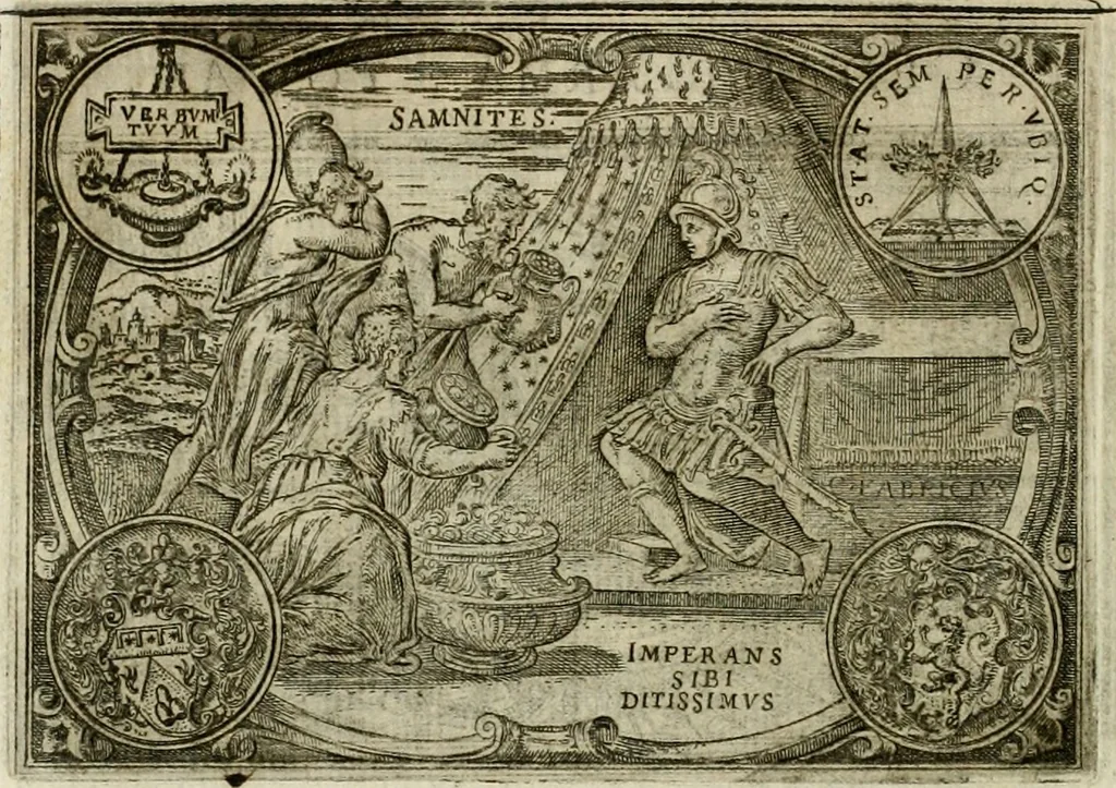 An illustration from Delle allvsioni, imprese, et emblemi del Sig. Principio Fabricii da Teramo sopra la vita, opere, et attioni di Gregorio XIII pontefice massimo, libri VI : nei quali sotto l'allegoria del drago, arme del detto pontefice, si descriue anco la uera forma d'un principe Christiano .., 1588, leaf 205