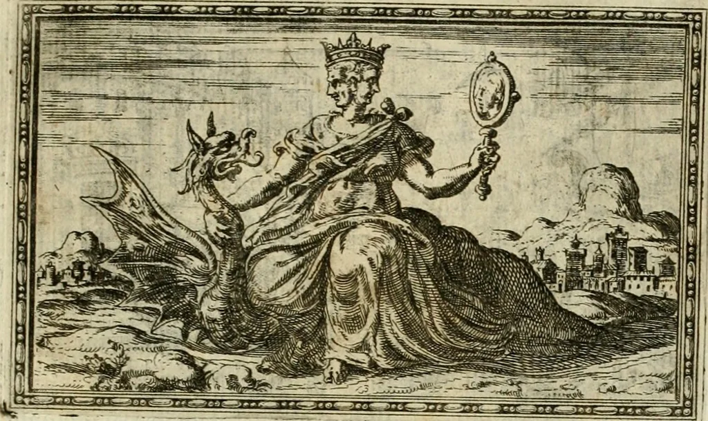 An illustration from Delle allvsioni, imprese, et emblemi del Sig. Principio Fabricii da Teramo sopra la vita, opere, et attioni di Gregorio XIII pontefice massimo, libri VI : nei quali sotto l'allegoria del drago, arme del detto pontefice, si descriue anco la uera forma d'un principe Christiano .., 1588, leaf 212