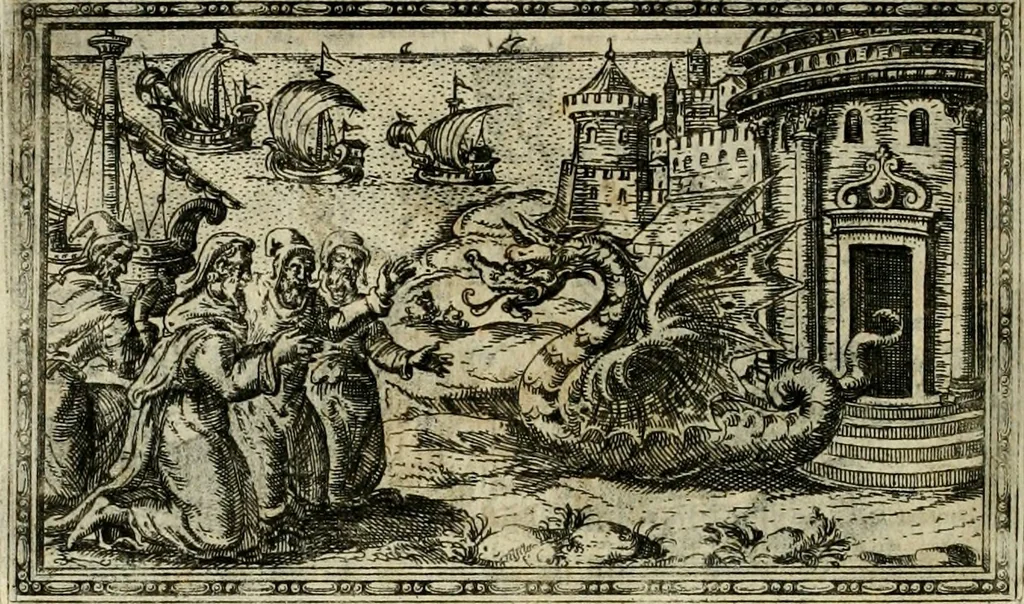 An illustration from Delle allvsioni, imprese, et emblemi del Sig. Principio Fabricii da Teramo sopra la vita, opere, et attioni di Gregorio XIII pontefice massimo, libri VI : nei quali sotto l'allegoria del drago, arme del detto pontefice, si descriue anco la uera forma d'un principe Christiano .., 1588, leaf 213