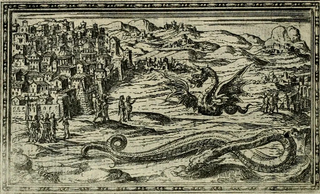 An illustration from Delle allvsioni, imprese, et emblemi del Sig. Principio Fabricii da Teramo sopra la vita, opere, et attioni di Gregorio XIII pontefice massimo, libri VI : nei quali sotto l'allegoria del drago, arme del detto pontefice, si descriue anco la uera forma d'un principe Christiano .., 1588, leaf 217