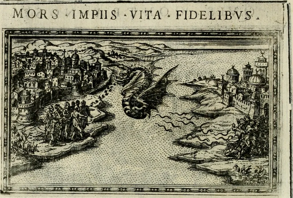 An illustration from Delle allvsioni, imprese, et emblemi del Sig. Principio Fabricii da Teramo sopra la vita, opere, et attioni di Gregorio XIII pontefice massimo, libri VI : nei quali sotto l'allegoria del drago, arme del detto pontefice, si descriue anco la uera forma d'un principe Christiano .., 1588, leaf 229