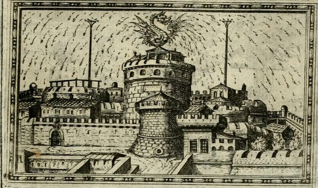 An illustration from Delle allvsioni, imprese, et emblemi del Sig. Principio Fabricii da Teramo sopra la vita, opere, et attioni di Gregorio XIII pontefice massimo, libri VI : nei quali sotto l'allegoria del drago, arme del detto pontefice, si descriue anco la uera forma d'un principe Christiano .., 1588, leaf 230