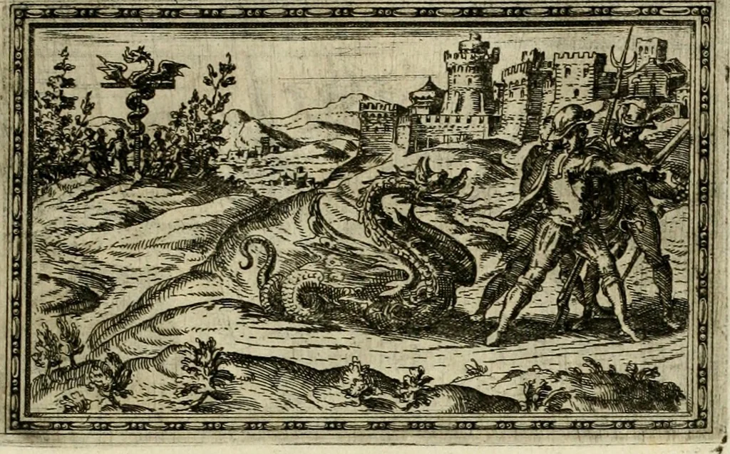 An illustration from Delle allvsioni, imprese, et emblemi del Sig. Principio Fabricii da Teramo sopra la vita, opere, et attioni di Gregorio XIII pontefice massimo, libri VI : nei quali sotto l'allegoria del drago, arme del detto pontefice, si descriue anco la uera forma d'un principe Christiano .., 1588, leaf 234