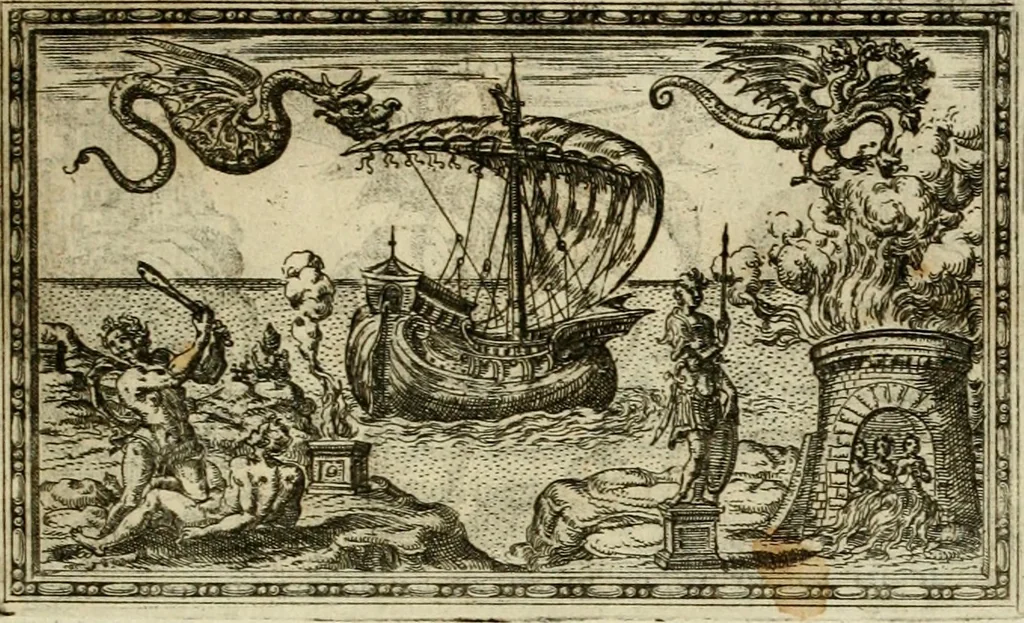 An illustration from Delle allvsioni, imprese, et emblemi del Sig. Principio Fabricii da Teramo sopra la vita, opere, et attioni di Gregorio XIII pontefice massimo, libri VI : nei quali sotto l'allegoria del drago, arme del detto pontefice, si descriue anco la uera forma d'un principe Christiano .., 1588, leaf 246