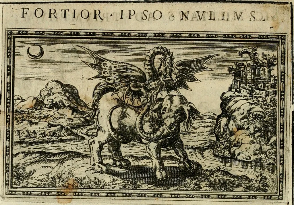 An illustration from Delle allvsioni, imprese, et emblemi del Sig. Principio Fabricii da Teramo sopra la vita, opere, et attioni di Gregorio XIII pontefice massimo, libri VI : nei quali sotto l'allegoria del drago, arme del detto pontefice, si descriue anco la uera forma d'un principe Christiano .., 1588, leaf 247
