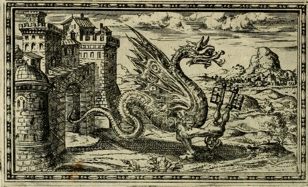 An illustration from Delle allvsioni, imprese, et emblemi del Sig. Principio Fabricii da Teramo sopra la vita, opere, et attioni di Gregorio XIII pontefice massimo, libri VI : nei quali sotto l'allegoria del drago, arme del detto pontefice, si descriue anco la uera forma d'un principe Christiano .., 1588, leaf 249