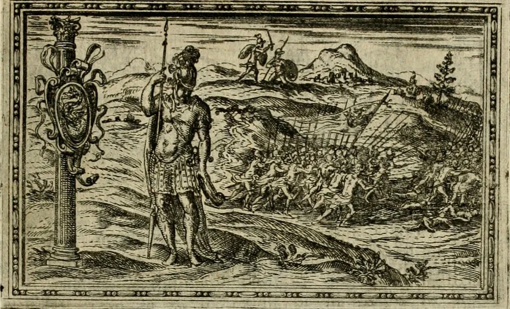 An illustration from Delle allvsioni, imprese, et emblemi del Sig. Principio Fabricii da Teramo sopra la vita, opere, et attioni di Gregorio XIII pontefice massimo, libri VI : nei quali sotto l'allegoria del drago, arme del detto pontefice, si descriue anco la uera forma d'un principe Christiano .., 1588, leaf 254